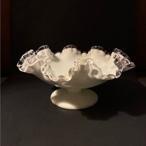 Vintage Fenton White Milk Glass Silver Crest Ruffled Bowl